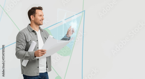 Architect examining a digital blueprint or plan for a new construction project