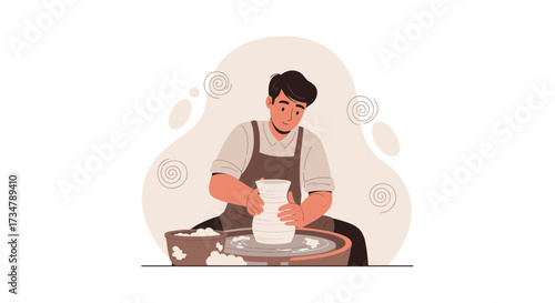 Artisan Crafting Pottery, Shaping Clay, Mastering the Potter's Wheel With Focus and Skill