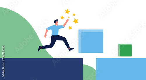 Achieving Goals: Illustration Of A Man Jumping Towards Success, Symbolized By Stars