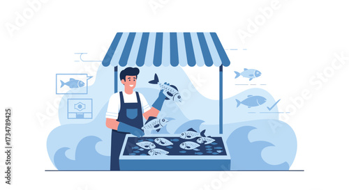 Artisan Displaying Freshly Caught Aquatic Produce For Sale At Market Stall