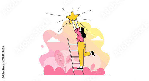 Achieving Goals reaching for the Star of Success from Ladder Illustration