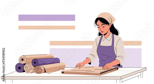 Artisan Preparing Paper On Table With Rolls Of Textured Wrapping, Design Concept