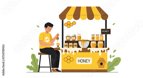 Artisan Honey Seller Presenting Golden Nectar Products At The Outdoor Market Stall