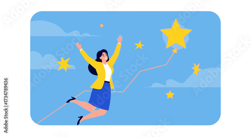 Achieving Goals: Joyful Woman Reaching for Stars, Celebrating Success And Achievement