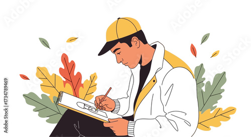 Artist Envisioning Drawings Depicted In A Sketchbook Surrounded By Autumnal Foliage