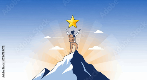 Achieving Great Heights: Success And Fulfillment Depicted With Mountain Top Victory Scene