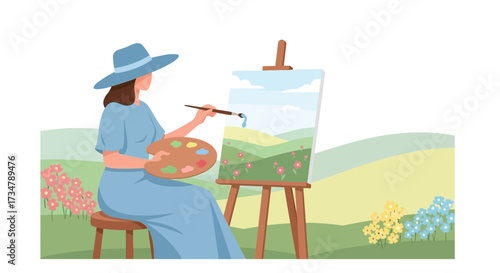 Artist painting a landscape scene outdoors with a hat and palette brush vector illustration