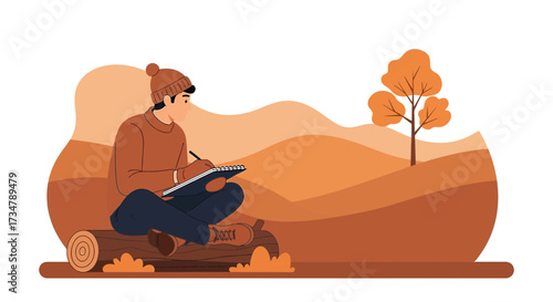 Artist in nature sketching in a notebook, autumn landscape drawing illustration