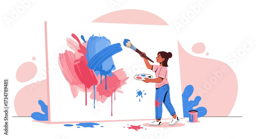 Artist Creating Colorful Abstract Painting On Canvas With Brush And Paint Palette