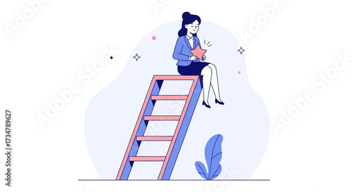 Achieving Success: A Businesswoman Celebrates Accomplishments At The Top Of Ladder
