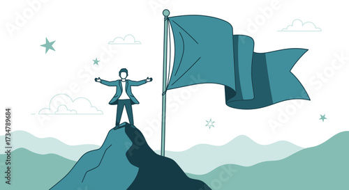 Achieving Success: A Man Celebrates Reaching the Summit and Achieving Goals
