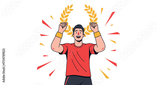 Athlete Celebrates Victory Holding Up Laurel Wreath Illustration Vector Showing Triumph and