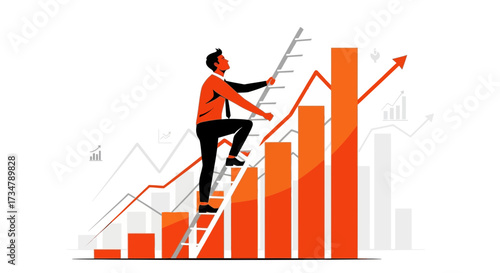 Achieving Success: Businessman Climbing Ladder Towards Financial Growth And Progress
