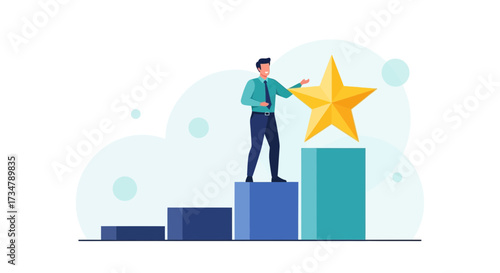 Achieving Success: Businessman Reaches Pinnacle and Grabs the Golden Star Symbolizing Achievement