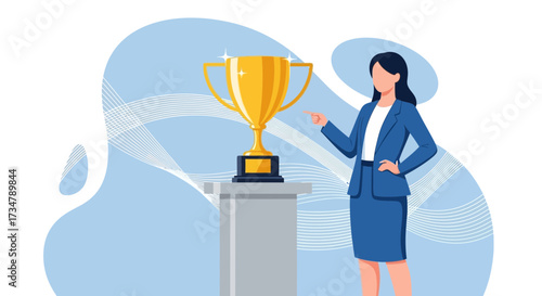 Achieving Success: Businesswoman Celebrates Her Victorious Win By Presenting Trophy