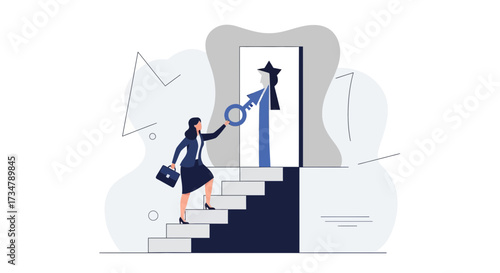 Achieving Success: Businesswoman Ascends Stairs Reaching For a Key to Untap Potential