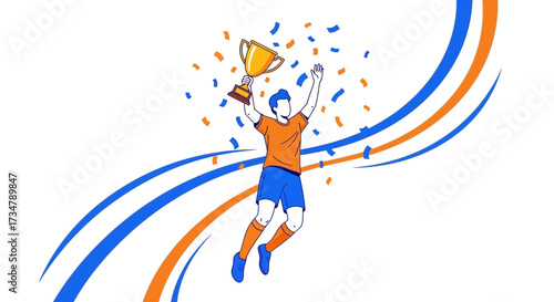 Athlete Celebrates Victory With Trophy Amidst Colored Confetti And Dynamic Abstract Lines