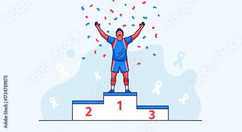 Athlete Celebrating Victory on Podium with Confetti and Ribbon, Achieving First Place