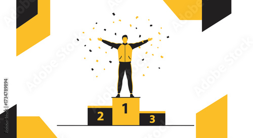 Athlete Celebrating Victory On Podium With Confetti During Competition, Winning Concept