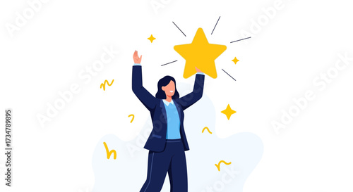 Achieving Success Illustration: Businesswoman Celebrating Triumph with a Star Symbol Above Her Head