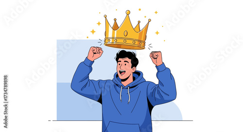 Achieving Success Illustration Depicting Man With Crown Celebrating His Victory With Joy At The Top