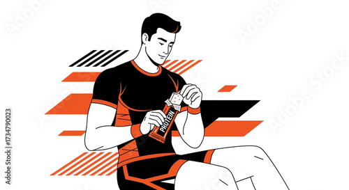Athlete Unpacking Protein Bar, Preparing for Workout, Healthy Nutrition Illustration