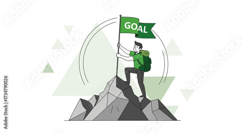Achieving The Goal: A Person Reaching The Summit And Planting A Flag Successfully