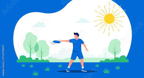 Athlete Tosses Disc On Sunny Day In Public Park, Playing Disc Golf For Exercise