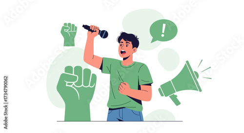 Activist Addressing Crowd with Speech, Power Fist and Megaphone Demonstrating Beliefs