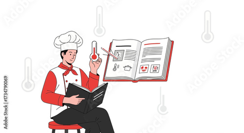 Attentive Cook Examining Recipe, Checking Temperature with a Thermometer for Cuisine Perfection