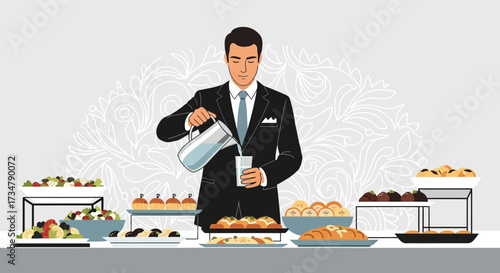 Attentive Server Pours Drink During Catering Event With Various Food Selections