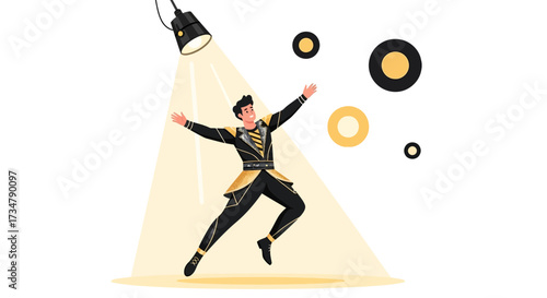 Actor In Golden And Black Costume Performing Under Spotlight With Abstract Circles
