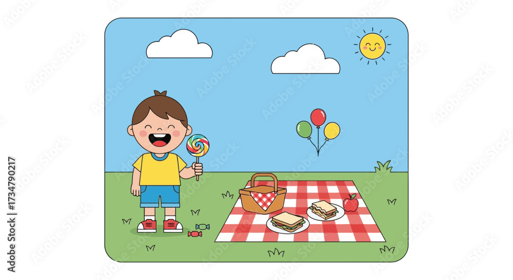 Obraz premium Adorable Kid Enjoying Picnic with Lollipop and Balloons under a Sunny Sky