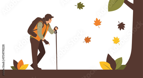 Autumn Hiking Adventure: Man Outdoors with Backpack and Mountain Walking Stick