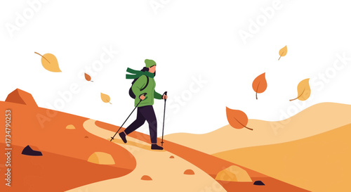 Autumn Hiking Illustration of a Person Walking in the Nature with Falling Leaves