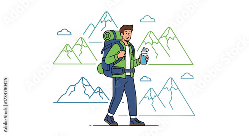 Adventurer with a backpack hiking in the mountains with a bottle of water