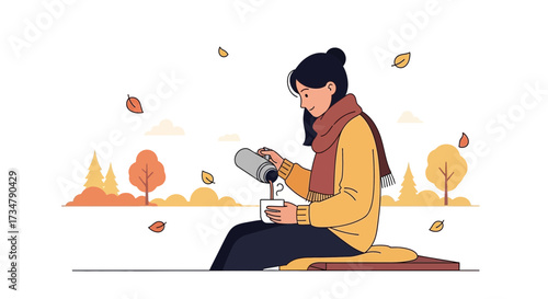 Autumnal Comfort: A Serene Moment of Poring Hot Drink Enjoying Nature's Beauty