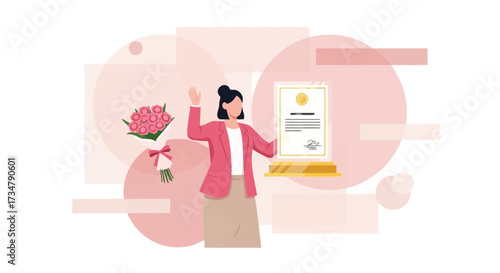 Awarded Professional Celebrates Achievement and Receives Recognition With Flowers and Certificate
