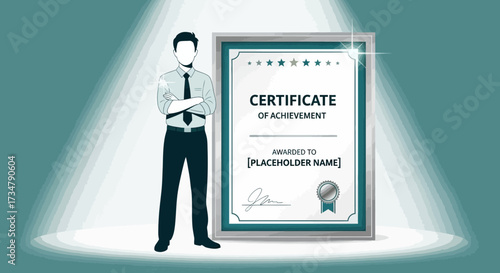 Awarded Person Standing Beside Achievement Certificate Shining Under The Light