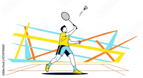 Badminton player illustration in action with a racket ready to hit the shuttlecock