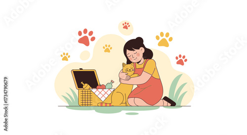 Affectionate Bond: Girl Embraces Cat During Picnic, Depicting Companionship and Warmth