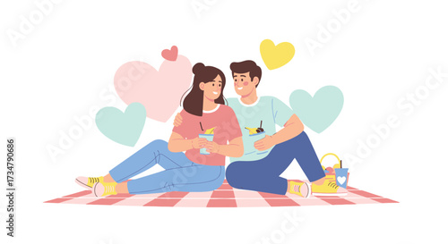 Affectionate Couple Relaxing Together with Picnic Blanket and Hearts Surrounded During Day