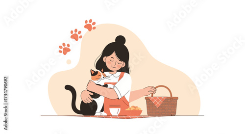 Affectionate Person Embracing A Cat During A Picnic Surrounded With Food And A Basket