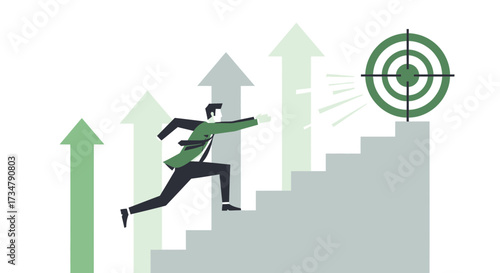 Ambition And Achievement Illustrated By A Businessman Climbing The Stairs Towards A Target