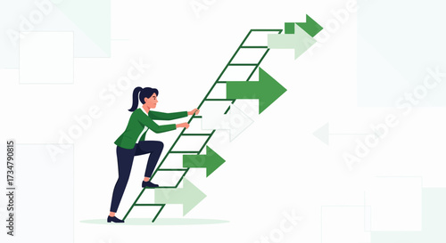 Ambition and Growth: A Businesswoman Climbing Towards Success with Upward Arrows
