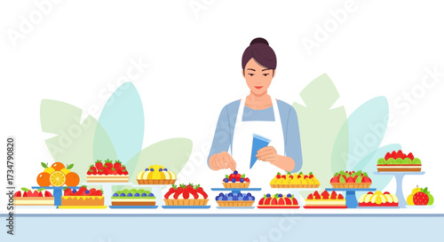 Baker woman decorating fruit tarts and cakes, bakery shop or pastry store concept design