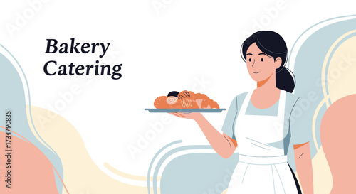 Bakery Catering Illustration Depicting a Woman Presenting Freshly Baked Pastries for a Feast