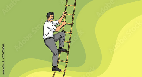 Ambition And Perseverance: A Businessman Scaling A Rope Ladder Towards Success