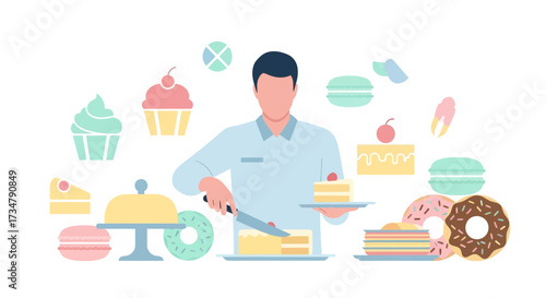 Bakery Professional Displays Dessert Creations With Stylized Cakes and Treats For Illustration