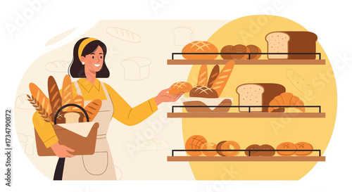 Bakery Scene Depicting A Smiling Woman Choosing Fresh Baked Goods, Illustrated Style